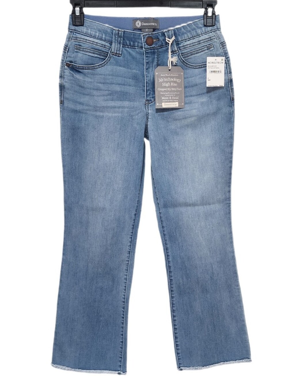 Democracy Cropped Flare Jeans Fray Hem High Rise Ab Technology Light Blue 6